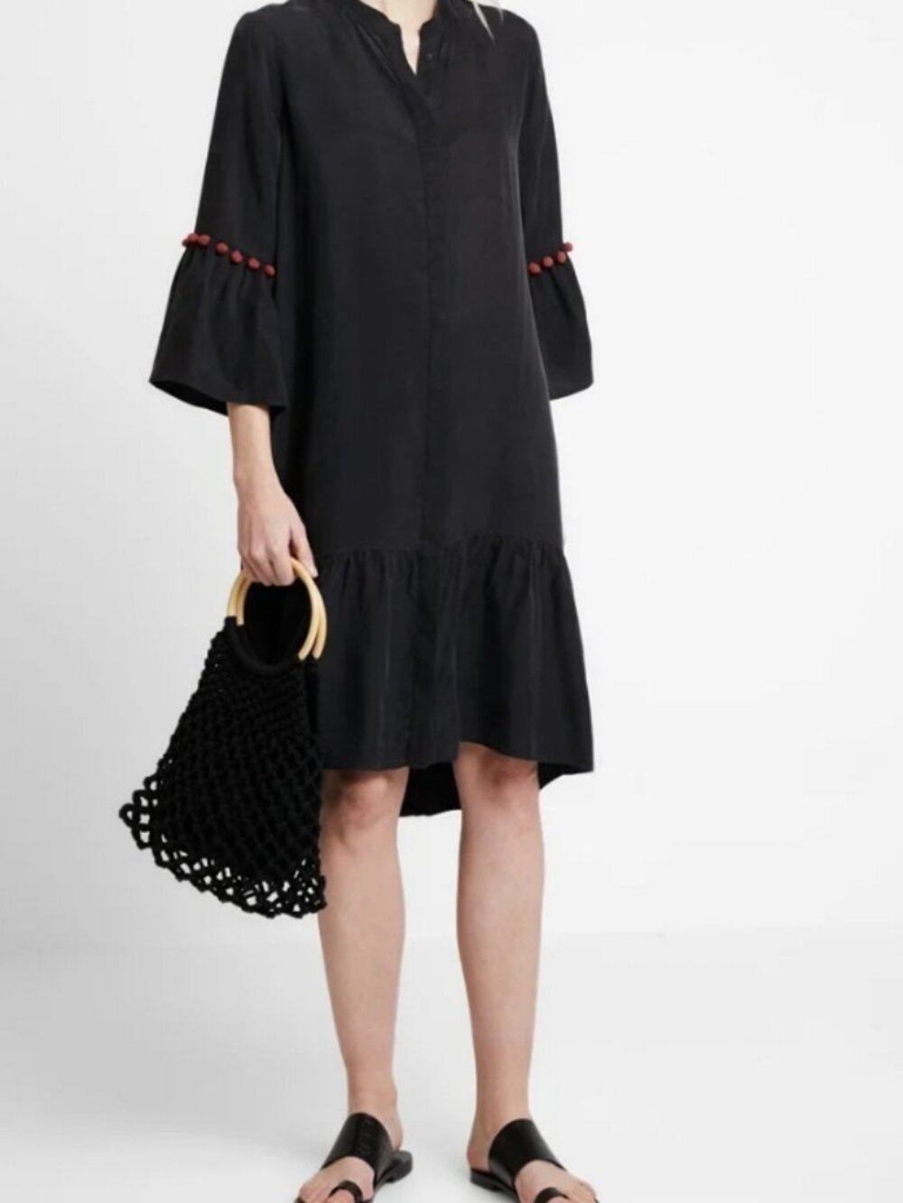 Karen by Simonsen Black Tunic Dress with Red Pom Pom Trim Size 8 Women's